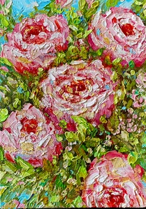 ORIGINAL Painting Abstract" PEONIES" OIL heavy impasto 5"x7" by Olga D. - Picture 1 of 7