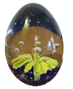 Art Glass Paperweight Egg shape Bubbles Cobalt Blue Yellow Cone Flower - Picture 1 of 11