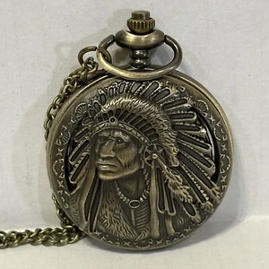Native American Quartz Men’s Pocket Watch with Chain Bronze Pendant - Picture 1 of 4