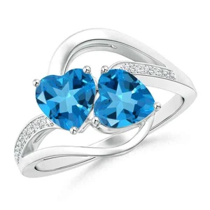 ANGARA 6mm Natural Two Stone Heart Swiss Blue Topaz Ring with Diamonds in Silver