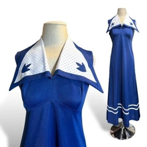 60er 70er Vintage ärmellos blau weiß Matrosen Maxikleid V-Ausschnitt Dolchkragen XS - Bild 1 von 4