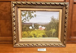 VTG American Landscape Pastoral Farm Church Oil on Board unsigned 14 x 17 - Picture 1 of 9