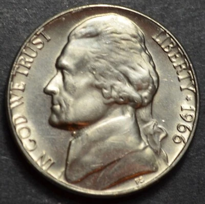 1966 P UNCIRCULATED JEFFERSON NICKEL FROM A SEALED BANK ROLL BUSINESS STRIKE #18 - Image 1 of 2
