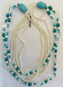 CGI Necklace Button Pearl With Mixed Blue and Clear Beads Multi Strand 42" Long - Picture 1 of 10