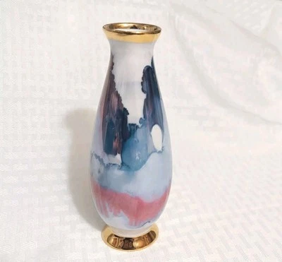 Bud Vase Watecolor Ink Wash White with Pink And Blue Gold Edge 6 1/2 inches - Image 1 of 4