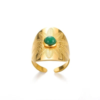 Anillo ajustable abierto ovalado de piedras preciosas verdes de acero inoxidable chapado en oro Foto 1 de 2