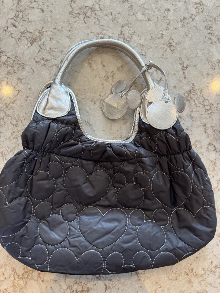 Disneyland Resorts Embroidered Mickey/Heart Black Nylon Large Handbag w/Silver - Image 1 of 4