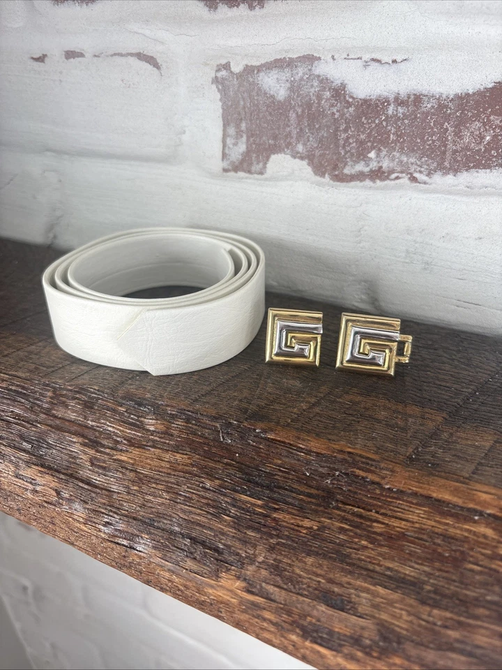 De colección Mimi Di N Oro/Plata Hebillas de Cinturón Enclavamiento 36” Cinturón Blanco Moda 1983 Foto 1 de 4