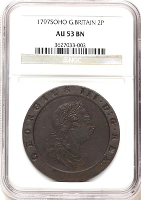 ENGLAND GEORGE III 1797-SOHO TWO PENCE COPPER COIN, NGC CERTIFIED AU53-BN - Image 1 of 4