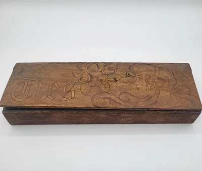 Vintage Folk Art Wooden Pyrography Collectible Tie Box Two-Sided Hinged - Image 1 of 4