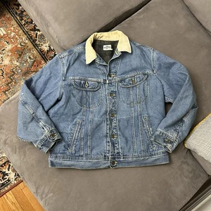 Vintage Lee Denim Jacket Mens L Blue Corduroy Collar Blanket Lined Trucker 90s - Picture 1 of 12