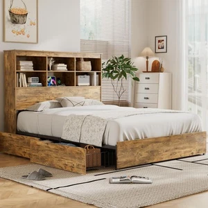 Queen Size Bed Frame with 50" Tall Storage Bookcase Headboard, 4 Large Storag... - Picture 1 of 9