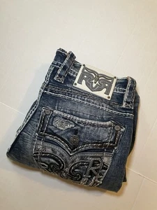 Rock Revival Jeans 31 Blau Frottee Slim Boot Straight Stickerei Hose Denim Faded - Bild 1 von 7
