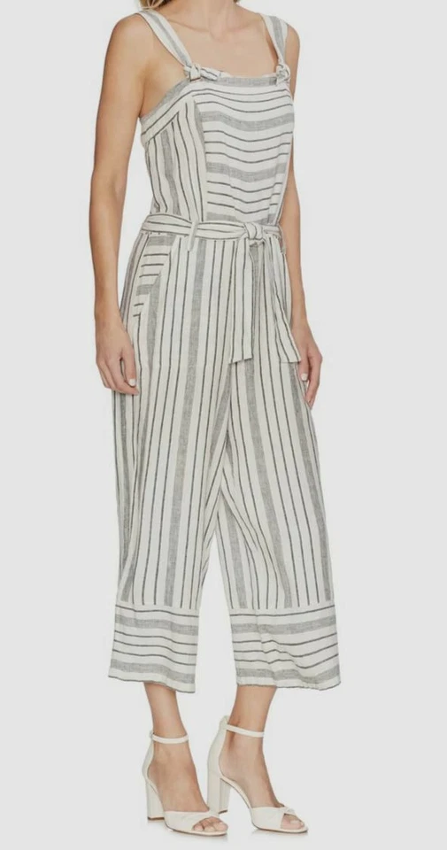 Vince Camuto Variegated Twill Stripe Linen Blend Jumpsuit Sz M Ultra White 17721