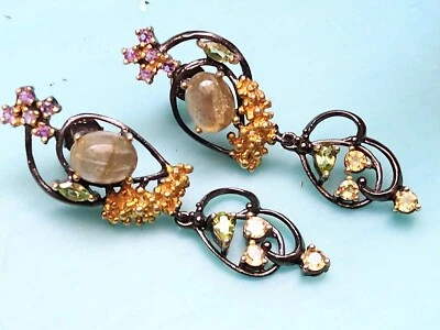 Lange oppulente Silber 925 Edelstein Ohrringe mit Gold, Labradorit, Peridot - Bild 1 von 4