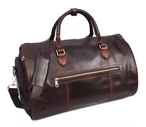 Genuine Leather 2-in-1 Holdall Suit Carrier Travel Duffle Bag AL49 Brown - Picture 1 of 8