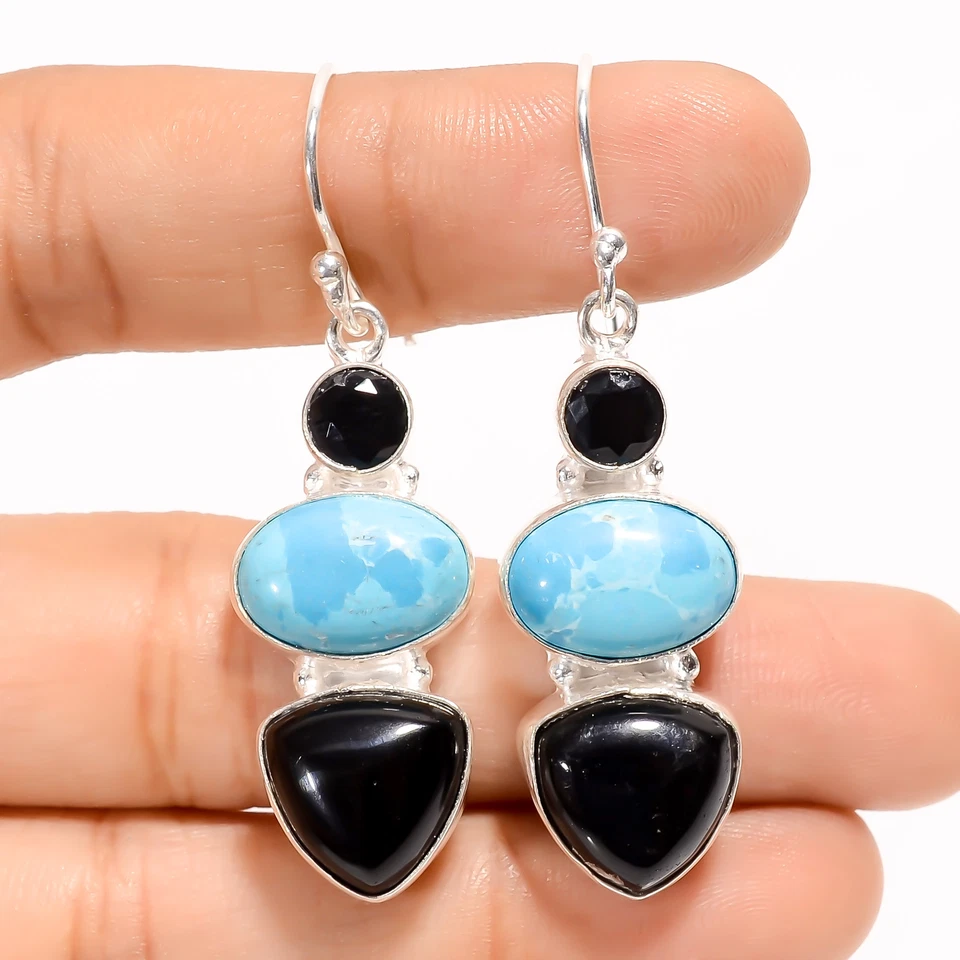 Pendientes colgantes hechos a mano de plata 925 con piedras preciosas de ónix negro Larimar 1,9" ARE-3839 Foto 1 de 1