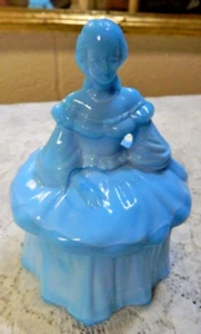 Vintage Wheaton Blue Milk Glass Lady Trinket Dish / Powder Vanity Jar - Picture 1 of 6