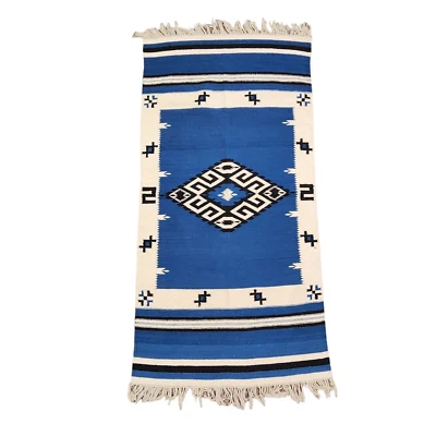 Alfombra de Lana Southwestern Reversible 60"x29" Geométrica Flecos Azul Crema De Colección Foto 1 de 4