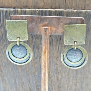 MB SF Marjorie Baer Modernist Metal Earrings Pierced Brutalist Brass Silver Tone - Picture 1 of 7