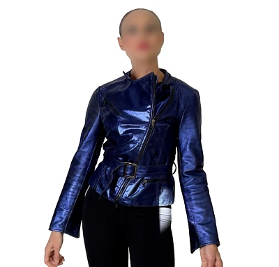 Chaqueta Italiana de Cuero Azul Metálico Café Corredor Motocicleta Chaqueta De Colección Y2K Foto 1 de 4