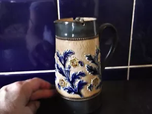 ANTIQUE DOULTON LAMBETH COBALT BLUE JUG PEWTER LID RAISED LEAF BOWEN KNIGHT ? - Picture 1 of 10