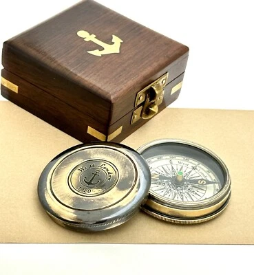 Vintage Nautical Brass Compass With Wooden Box Gift Item - Image 1 of 2