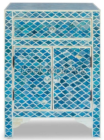 Indian Handmade Bone Inlay Marrakech Bedside Cabinet in Ocean Blue Cover
