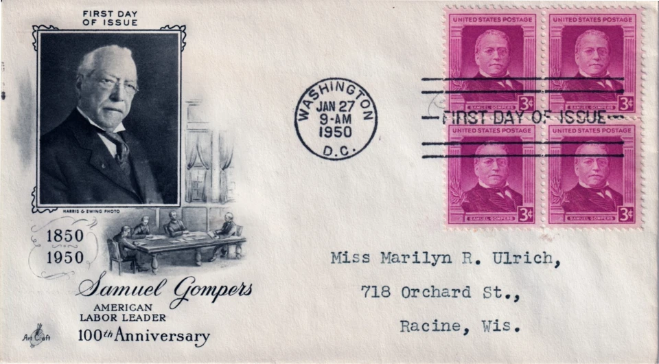 US FDC #988 Artcraft Jan 27, 1950 DC Samuel Gompers Labor Union - Image 1 of 1