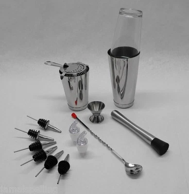 15 piezas. JUEGO DE COCTELERA BOSTON Colador, Muddler, Cuchara, Jigger, Kit de barra de hojalata PESADA Foto 1 de 4