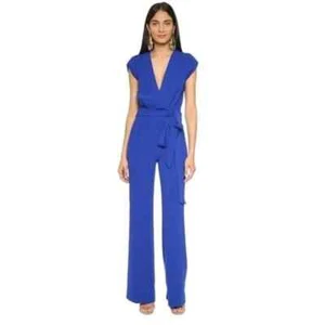 DIANE von FURSTENBERG DVF Blue V-Neck Belted Waist Sash Tie Pant Jumpsuit 0 = XS - Picture 1 of 14