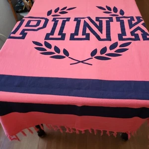 Victoria's Secret PINK Turkish Towel Beach Blanket 48x56" Blue Logo Fringe - Picture 1 of 5