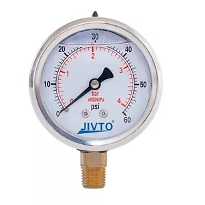 Pressure Gauge,Liquid Filled,2" Dia,0-60 PSI,1/4 NPT Lower Mount - Picture 1 of 14