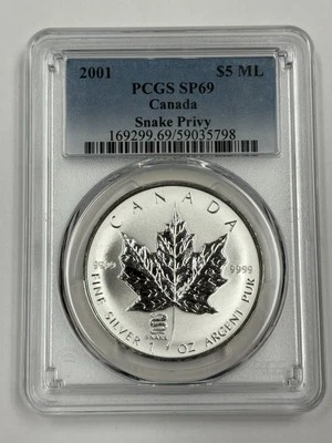 2001 Canada Silver $5 ML Maple Leaf Snake Privy - PCGS SP69 TOP POP - Image 1 of 2