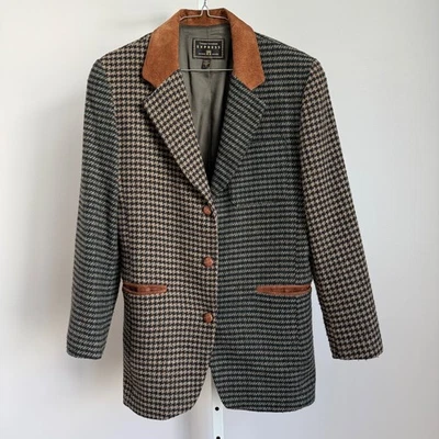 Chaqueta Blazer Vintage Express Pata de Gallo S Marrón Tostado Verde Gamuza Cuello Bolsillos Foto 1 de 4