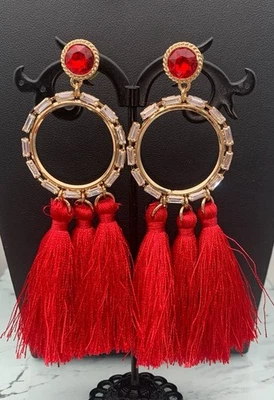 Lilly Pulitzer Gold Tone W Red And Clear Rhinestones Tassel Dangle Earrings - Image 1 of 4