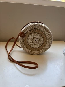 Hand Woven Round Bag Crossbody Rattan & Leather New W Tropical Leaf Print Lining - Picture 1 of 4