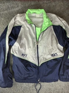 Vtg Asics MFT Medium Navy Blue Gray Green Windbreaker Jacket Full zip - Picture 1 of 10