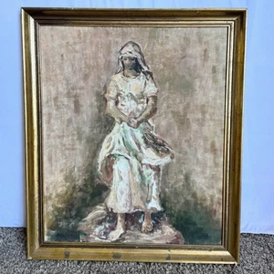Vintage Painted Framed Oil on Canvas Lady in Dress - Picture 1 of 5