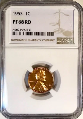 1952 Lincoln Wheat Cent NGC PF68 RD Lustrous Fire Red PCGS List Price $1100.00 - Image 1 of 2