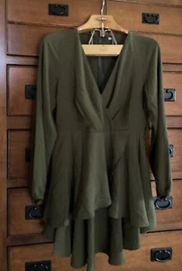 Army Green Dress Plunging Neck Long Sleeve Ruffle Hem  Sz Medium Womens - Picture 1 of 15
