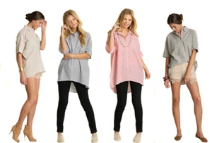 UMGEE Damen gestreiftes Oversize Knopf schickes Kurzarm Shirt Top Bluse S M L - Bild 1 von 14