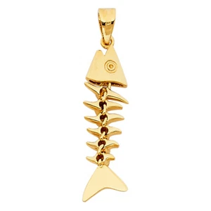 Real 14k Yellow Gold Fish Bone Motion Skeleton Charm Pendant Mens Womens - Picture 1 of 8