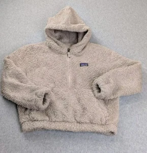 Patagonia 1/4 Zip Fleece Pullover Sweater Girls Med Tan Hooded Kangaroo Pockets - Picture 1 of 12