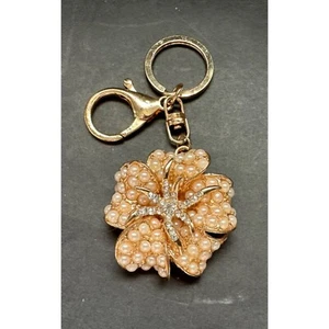 Faux Pearl and Rhinestone Flower Key Chain Purse Charm Goldtone - Picture 1 of 4