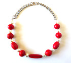 Vintage Choker Necklace - Silver Tone - Large Red Porcelain Beads - Pearl Beads