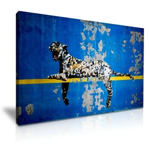 Banksy Bronx Zoo Leopard blau gelb Leinwand moderne Heimkunst ~ 5 Größen zur Auswahl - Bild 1 von 7