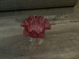 Vintage Art Glass Clear & Cranberry Glass Ruffle Edge Pedestal Bowl 6" - Picture 1 of 7