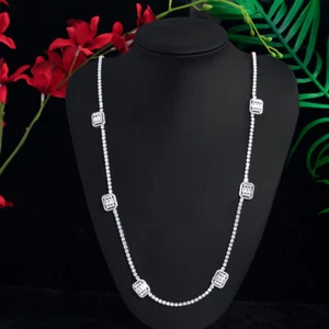 Top Baguette CZ Plateado Mujeres Suéter Largo Cadena Collar Boda Joyería - Imagen 1 de 9