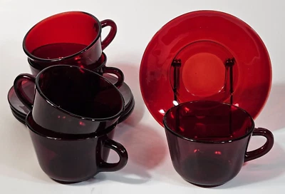 Anchor Hocking Royal Ruby Red Glass R1700 5 Cups & 4 Saucers Depression UV Glow - Image 1 of 4